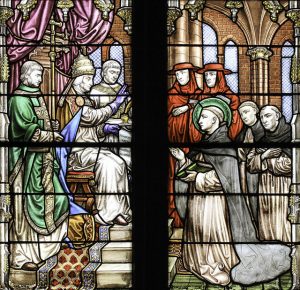 St. Dominic and Pope Honorius III (Window from the Dominican House of Studies Chapel, Washington, DC, Photograph by Fr. Lawrence Lew, OP)